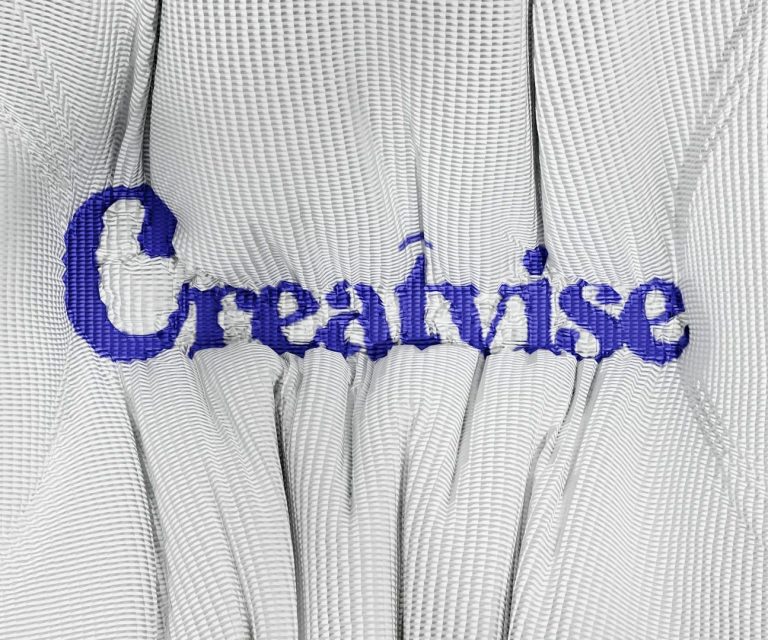 Blaues Wort "Creatvise" auf gerautem, strukturiertem Hintergrund.